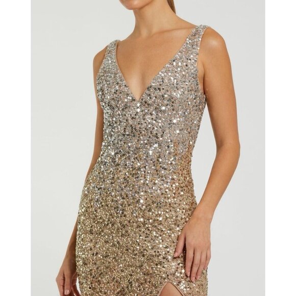 Mac Duggal Size 10 Gold Ombré Sequin Slit V Neck Column Gown Prom Dress New - Picture 2 of 10